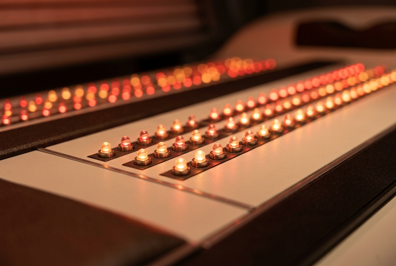 Close view of red and near-infrared LEDs glowing on a treatment bed