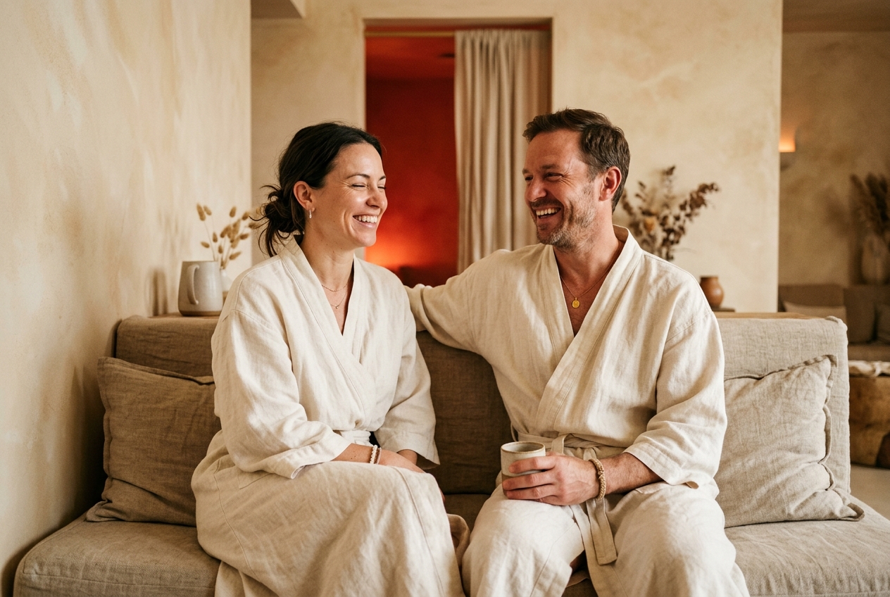 Two guests relaxing in robes in the studio lounge