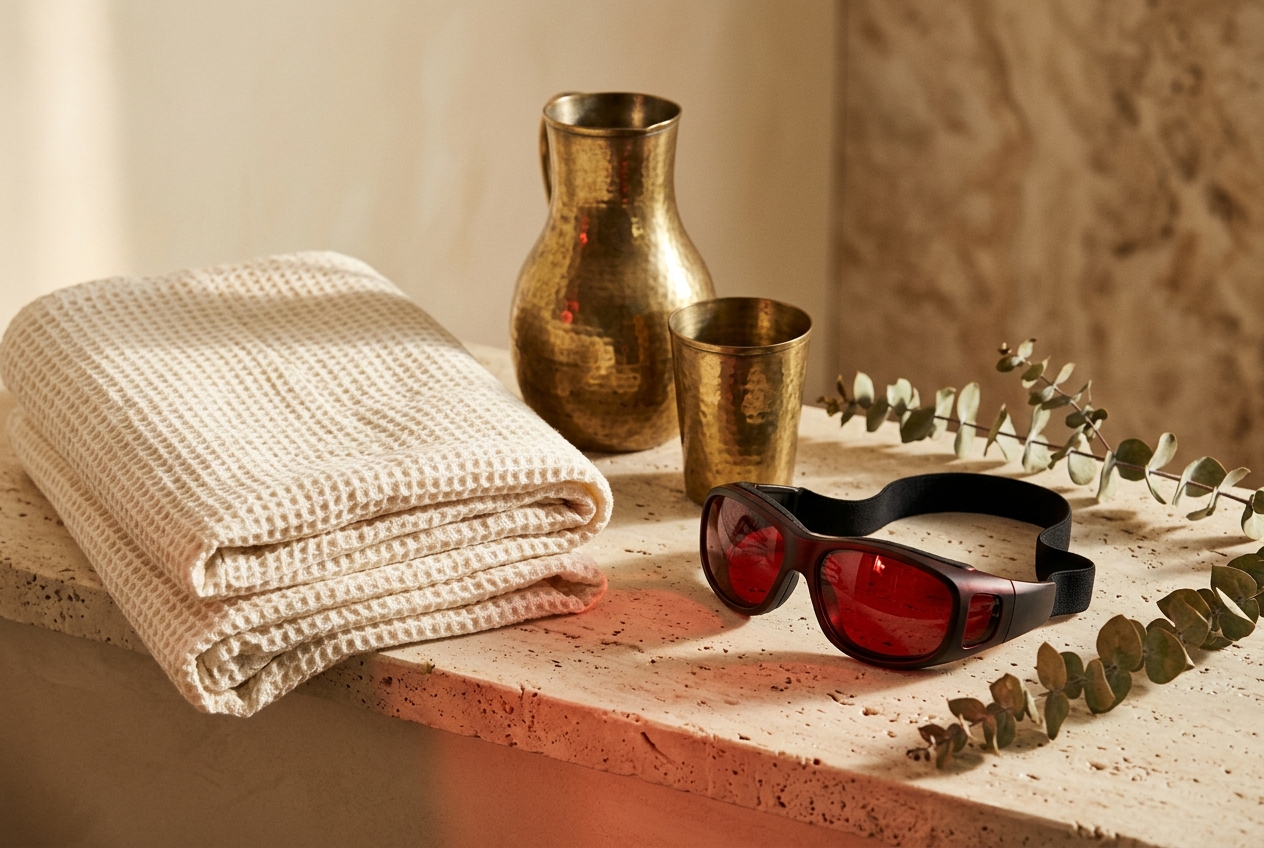 Towels, brass carafe and red light goggles on travertine