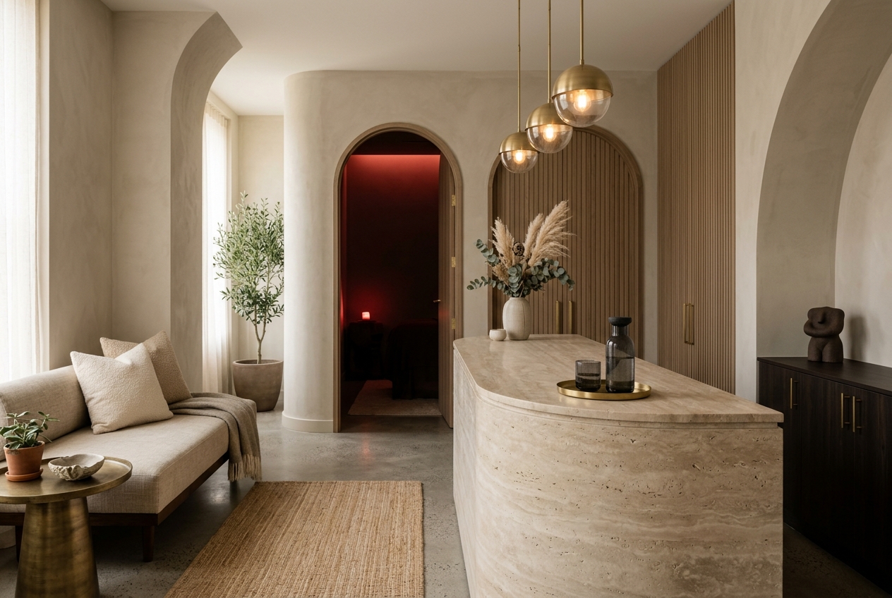 Studio reception with travertine counter and warm pendant lights